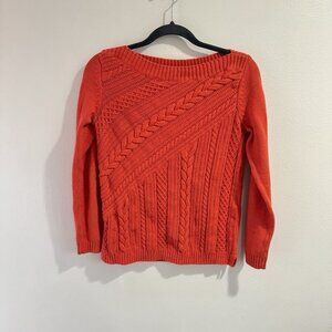 Talbots Sweater M Cable Chunky Knit Fisherman Orange Boat Neck 100% Cotton